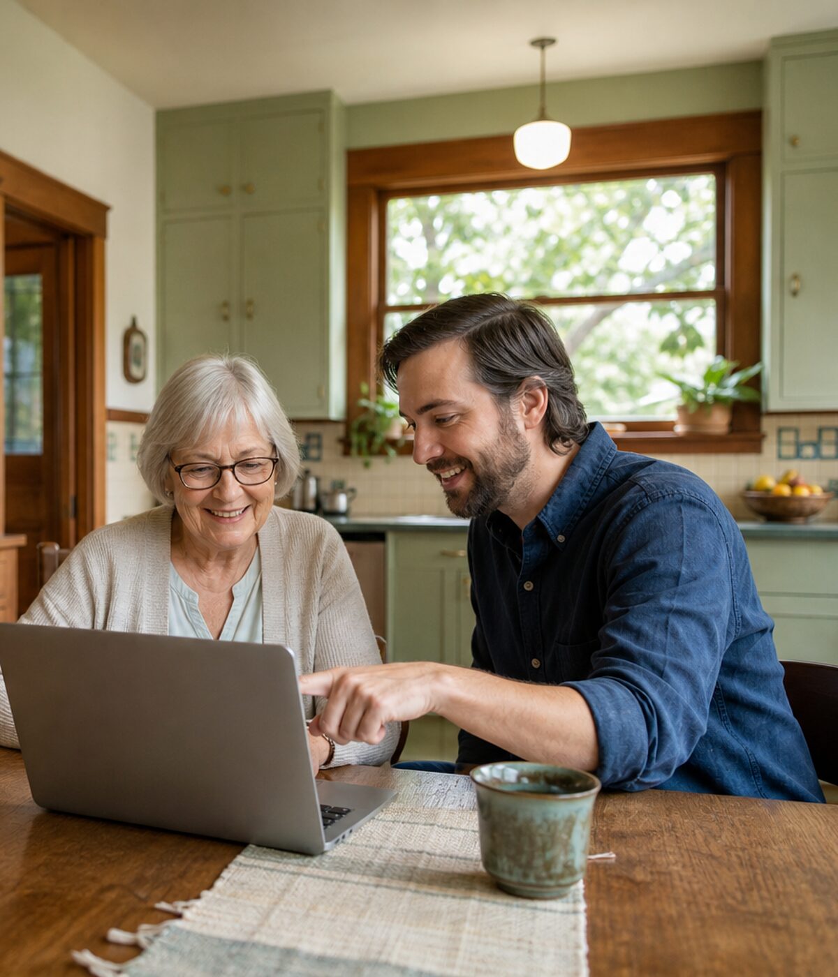 Sitting at a client&rsquo;s kitchen table in a Portland Craftsman home, pointing something out on her laptop.