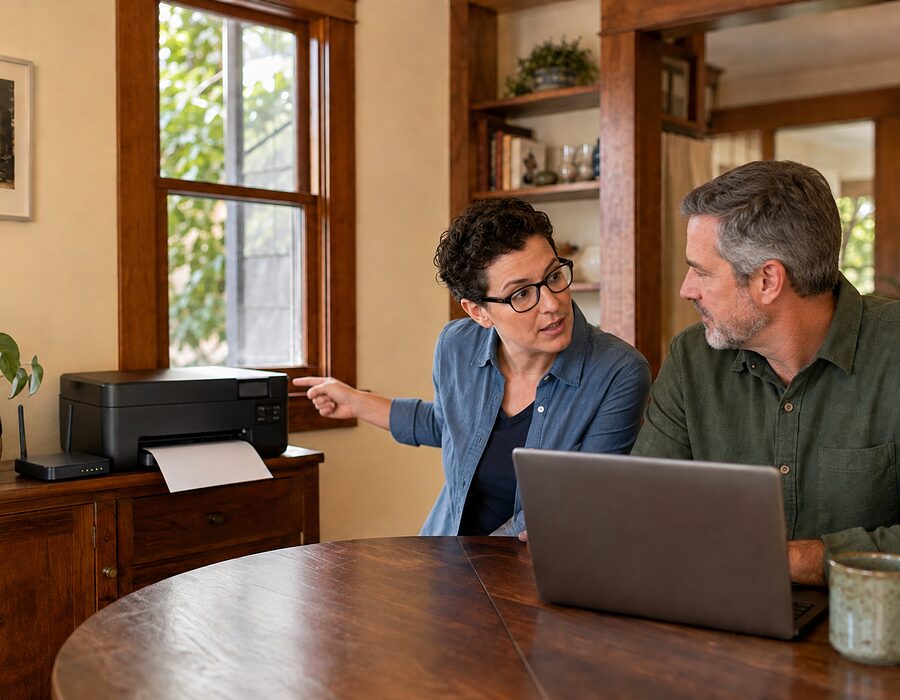 A client pointing out the printer and wifi router on her sideboard, with the laptop open on the dining table.
